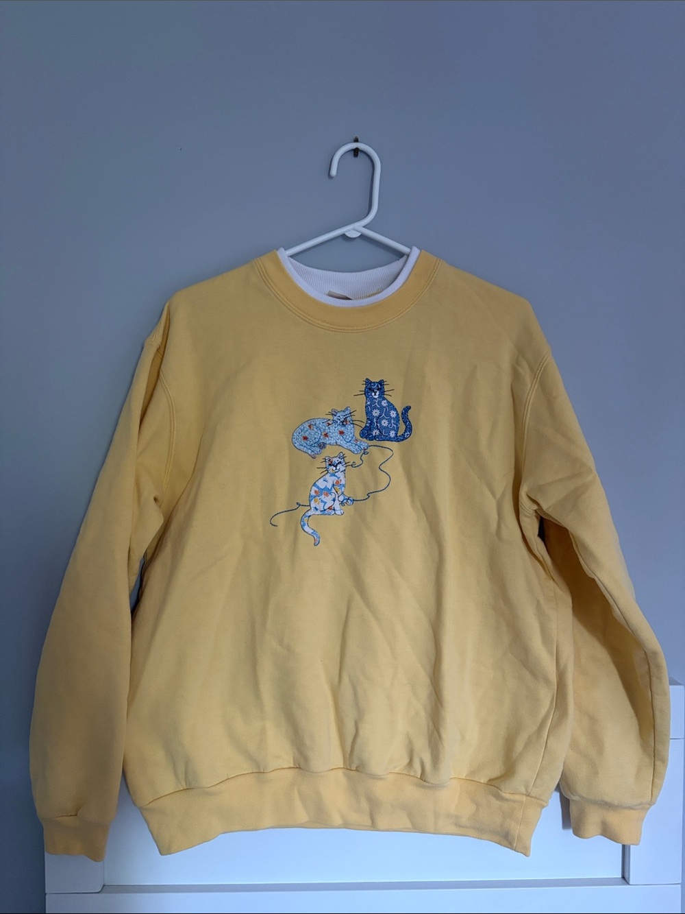 Vintage Yellow Patchwork Crewneck Sweater with Cat Embroidery